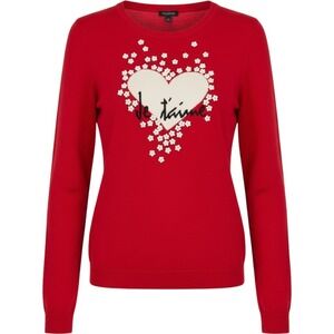 TALBOTS Sweater Womens M Red Je T'aime Heart Floral Applique NWT Whimsy Love New